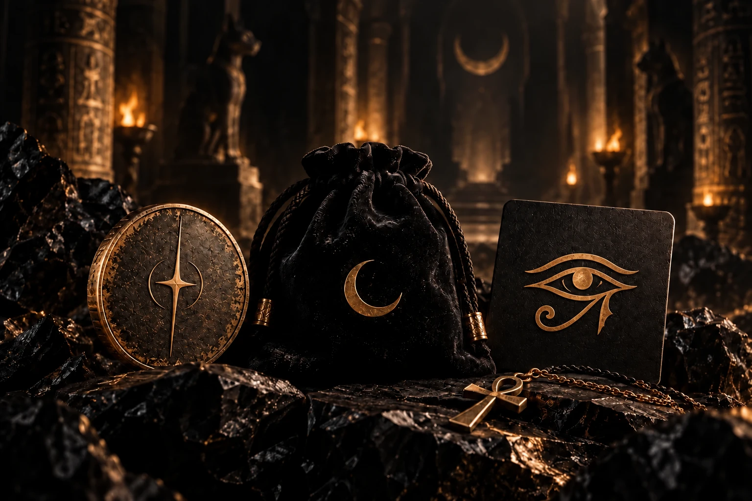 Coleção conceitual CatSoul: moeda, bolsa, cartão e pingente ankh em ouro antigo.