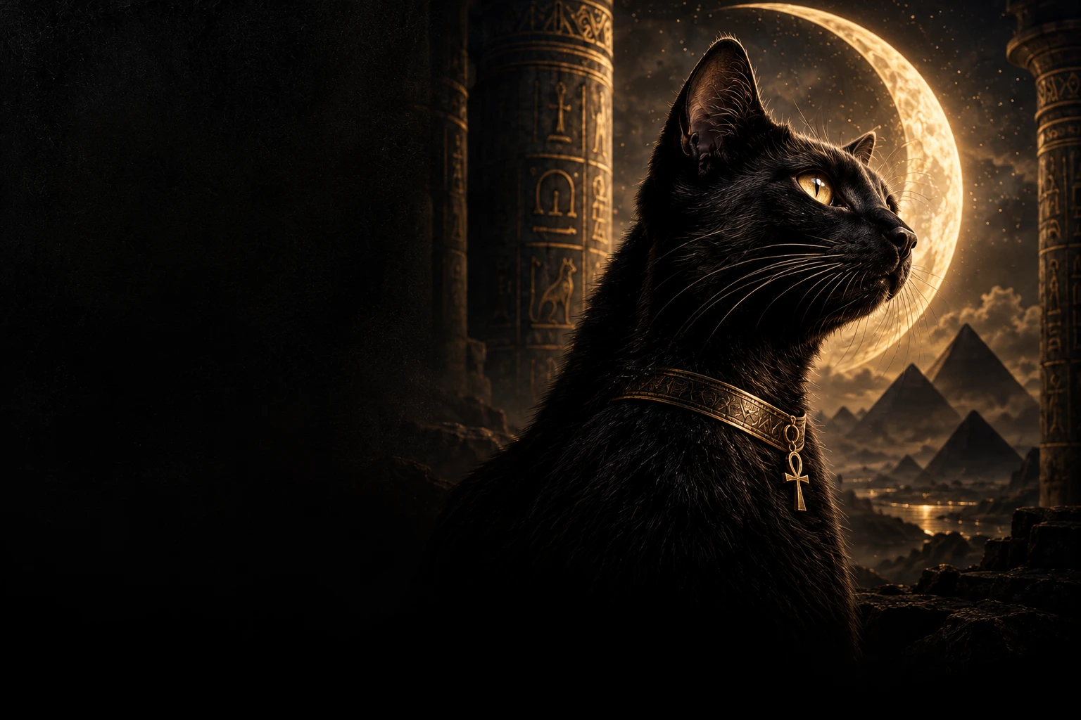 Gato negro de olhos dourados sob uma lua crescente, entre colunas de um templo.